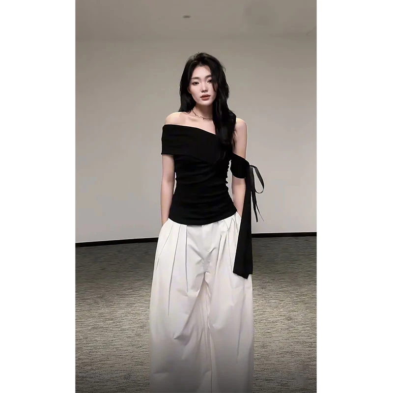 2025年夏季新款ins少女感减龄一字肩修身T恤上衣女配高腰阔腿长裤