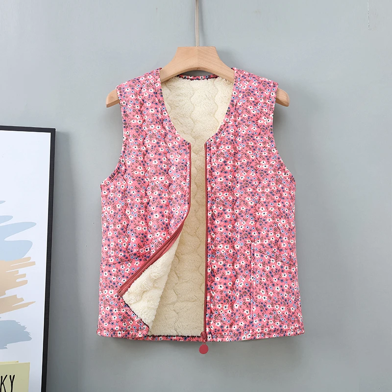马甲女2025年冬季新保暖背心妈妈夹棉马夹中老年宽松印花坎肩棉服