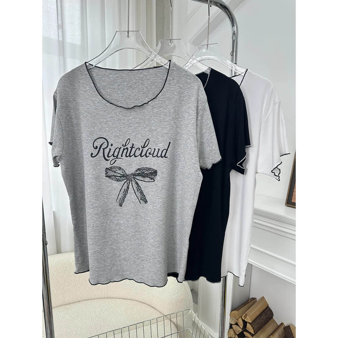 水靓花夏季显瘦时尚半袖家居服蝴蝶结女式家居服睡衣打底圆领印花