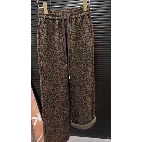 冬季新款加绒口袋抽绳阔腿裤休闲裤豹纹加厚印花纯色高腰潮流穿搭