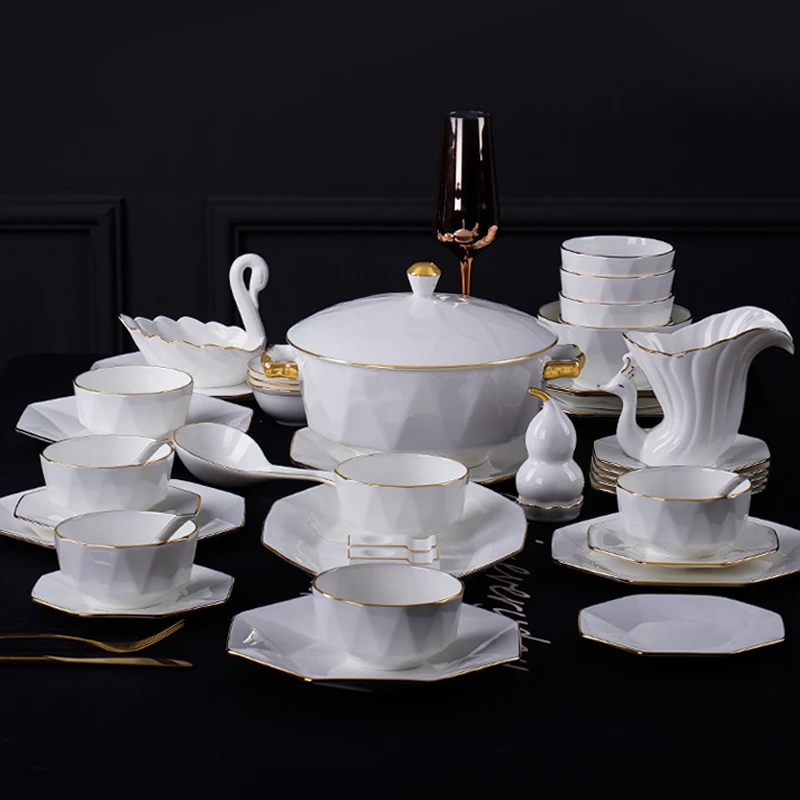 景德镇骨瓷餐具钻石人生60件套家用简约碗碟盘碟餐具套装乔迁送礼