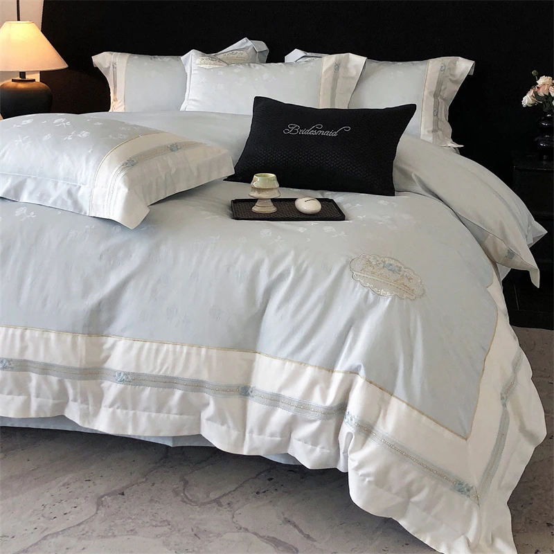 轻奢风长绒棉四套件纯棉提花绣花被套纯色床单床笠款家居床上用品