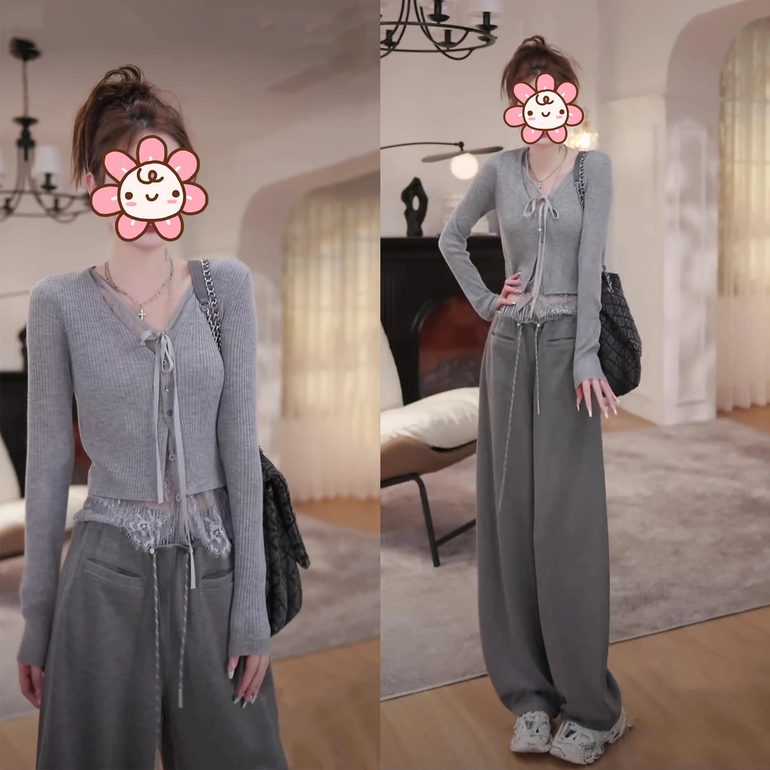 洋气显瘦套装女2025春夏新款蕾丝拼接假两件针织上衣高腰休闲长裤