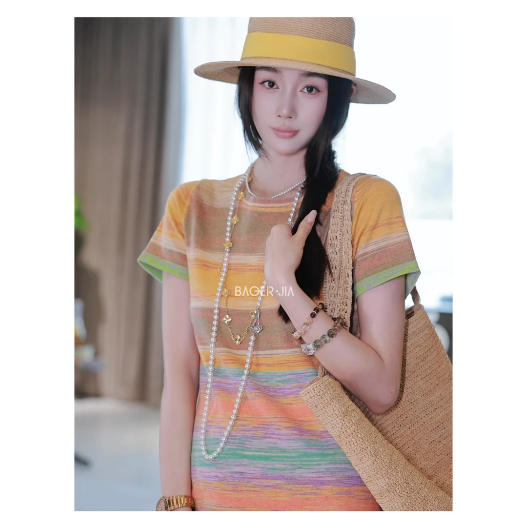 9-【落日余晖】宝儿家含幂BE38925103春款撞色彩虹条罗马度假连衣裙