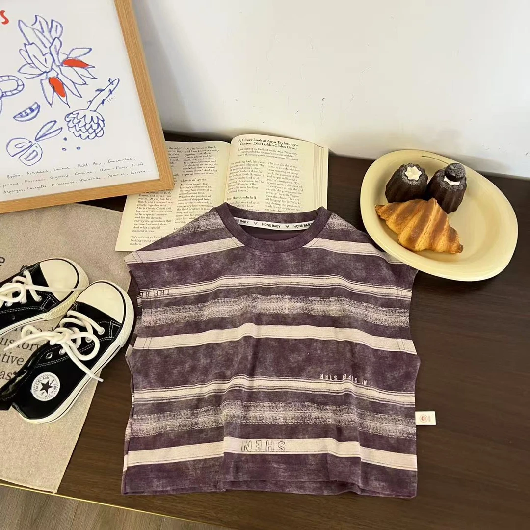 儿童夏季潮酷扎染字母条纹无袖背心H2219