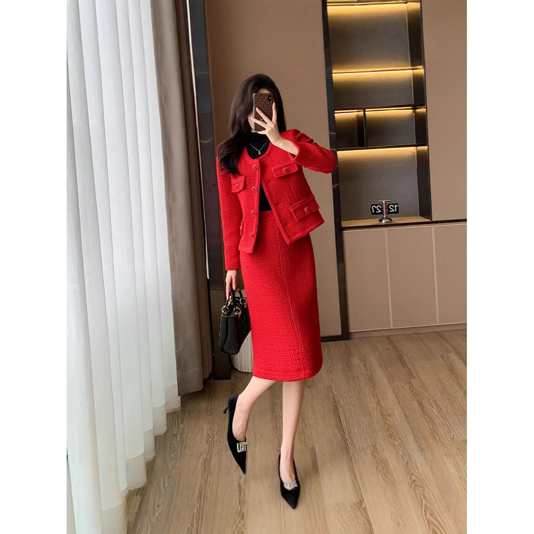 秋冬新款小香风粗花呢半身裙时尚套装女高级感红色时髦气质两件套