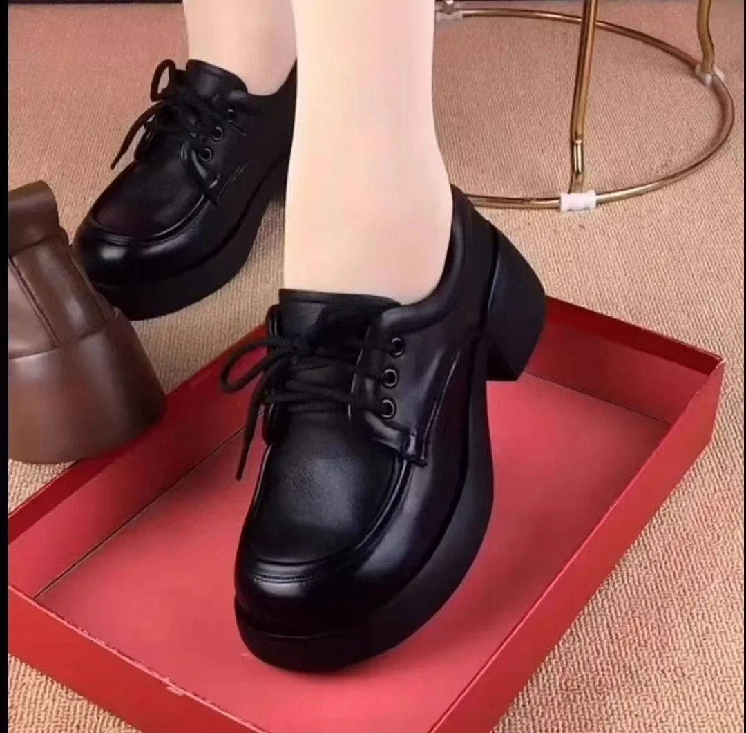 软皮女鞋春秋新厚底增高小皮鞋女圆头系带软底乐福鞋英伦风单鞋