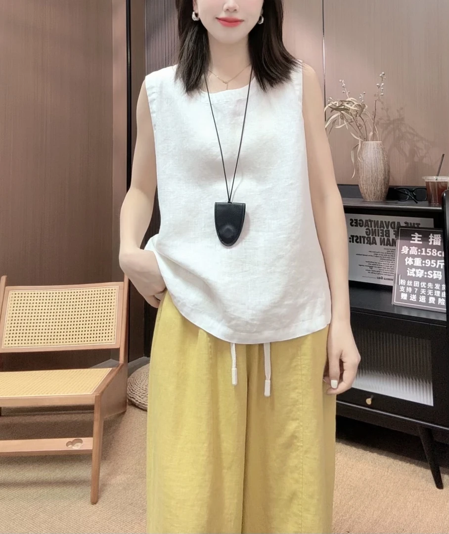 相菲一夏季新款韩版简约时尚100亚麻无袖背心女百搭圆领显瘦背心