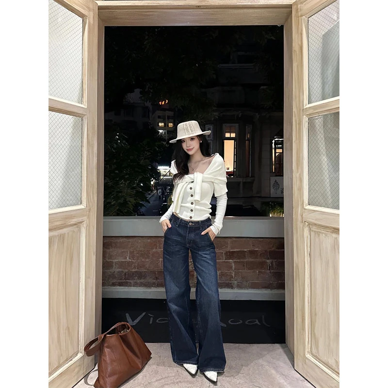 小众秋冬时尚洋气休闲百搭针织长袖上衣高腰宽松显瘦直筒裤套装女