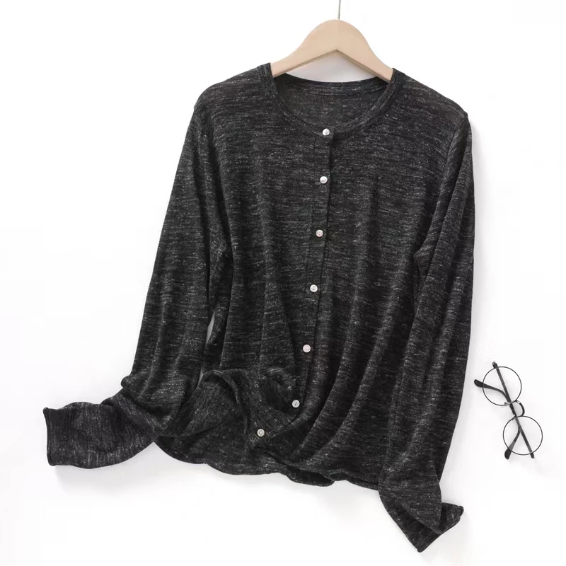 夏季天丝亚麻圆领长袖开衫时尚简约纯色防晒衣薄款空调衫气质外套