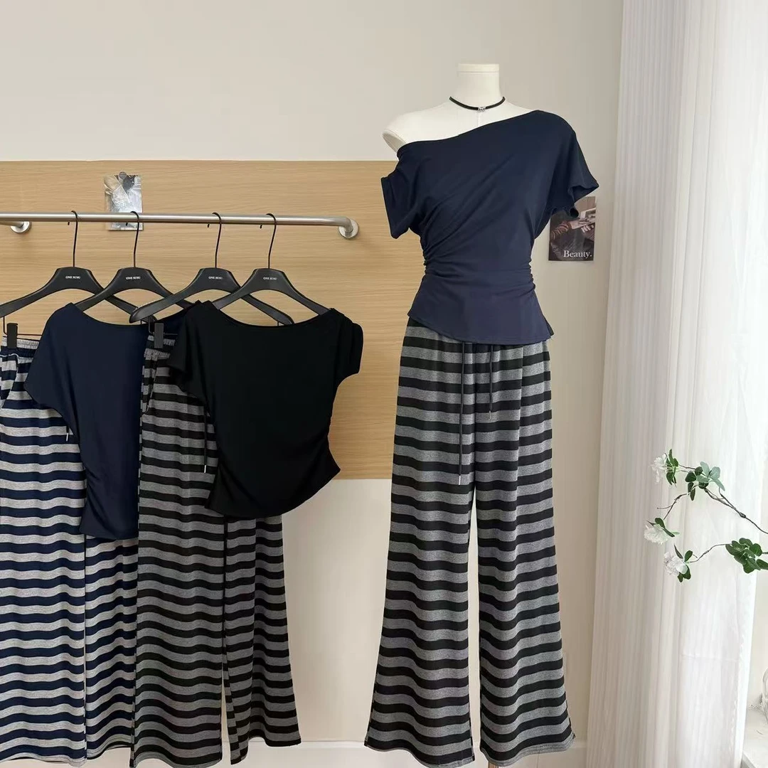 韩系斜肩短袖上衣高腰垂感条纹直筒裤两件套女夏新款时尚休闲套装