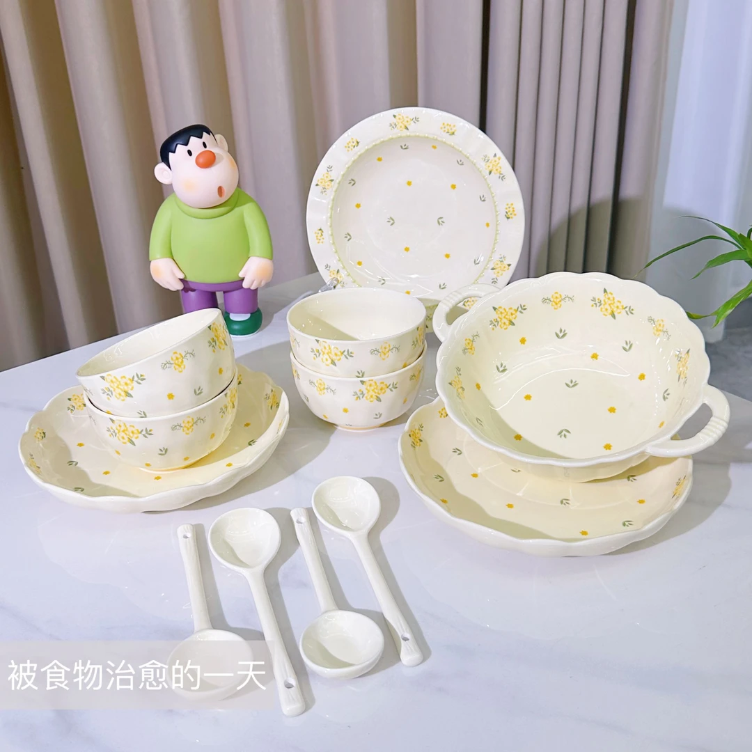 【琉璃花12件套】奶油风碗盘米饭碗圆盘深盘奶油风套装陶瓷餐具碗勺