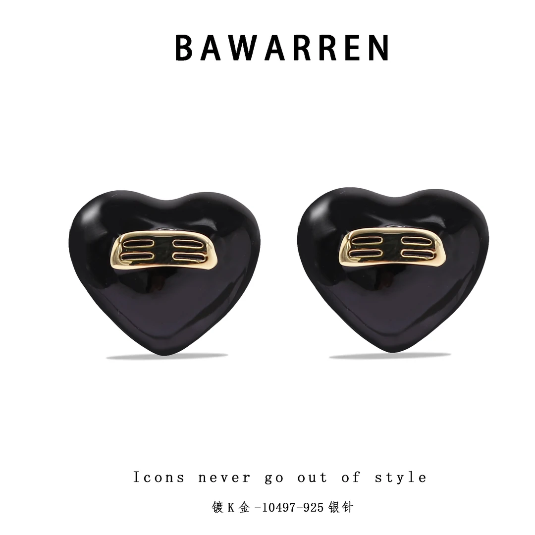 Bawarren 美❤ 10497-黑爱心耳钉简约轻奢气质