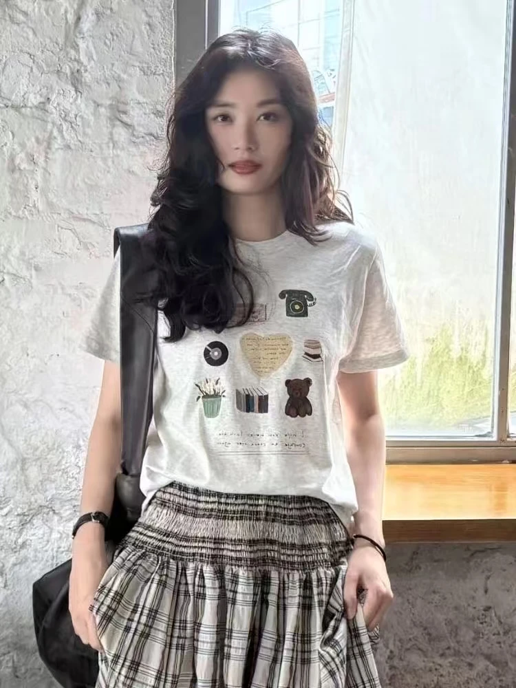 白灰色卡通印花t恤女款2025新款爆款夏季小个子独特漂亮短款上衣