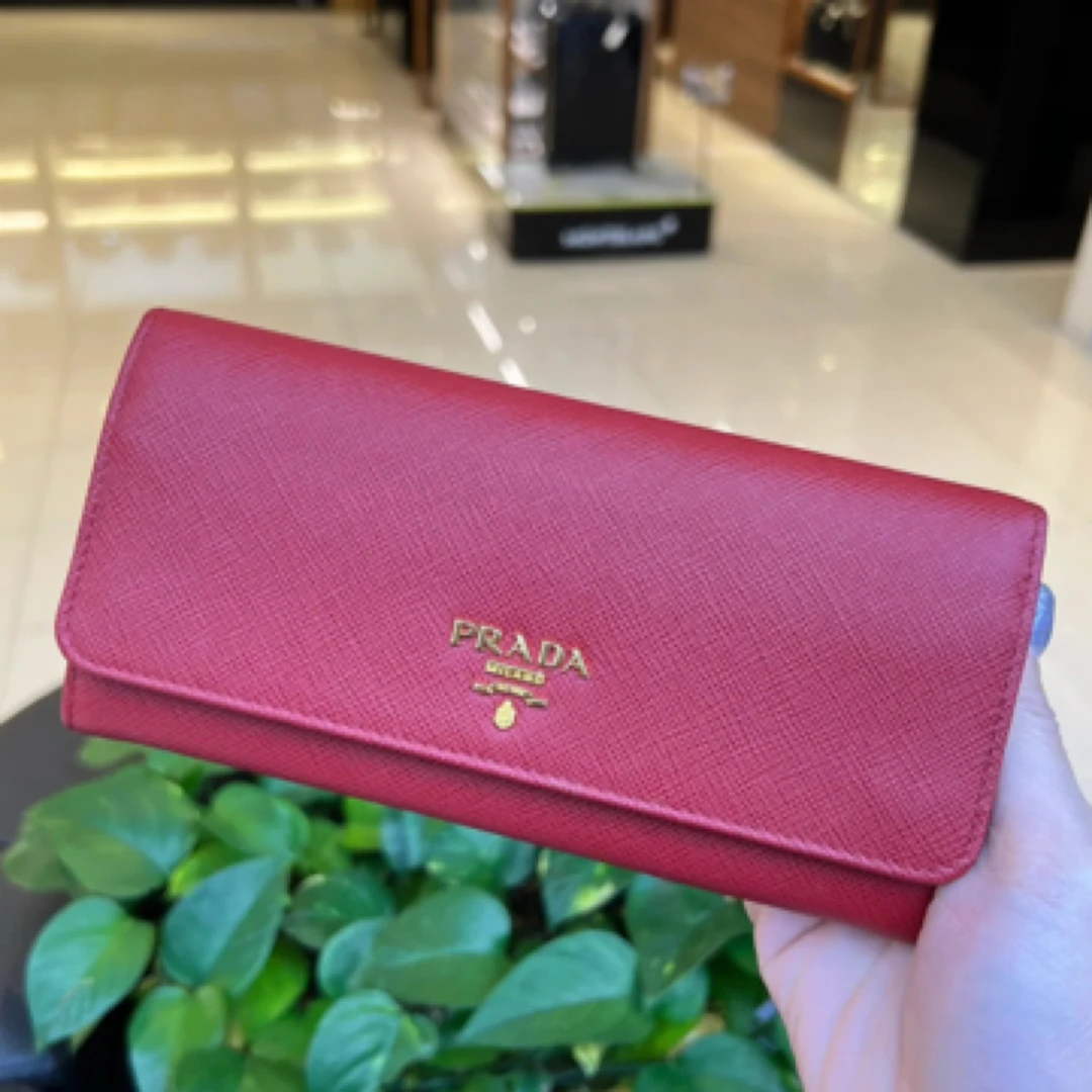 95新 Prada/普拉达 PRADA 粉色十字纹牛皮钱包/全原/95新
