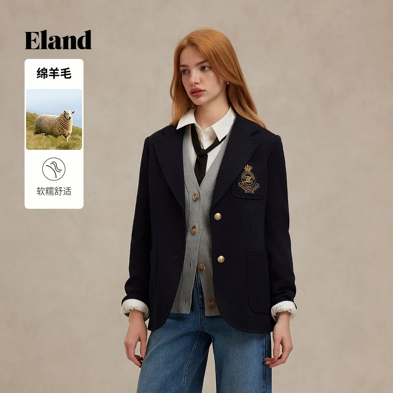 Eland衣恋复古学院风女士翻领刺绣西装外套气质百搭EEJKF23R31