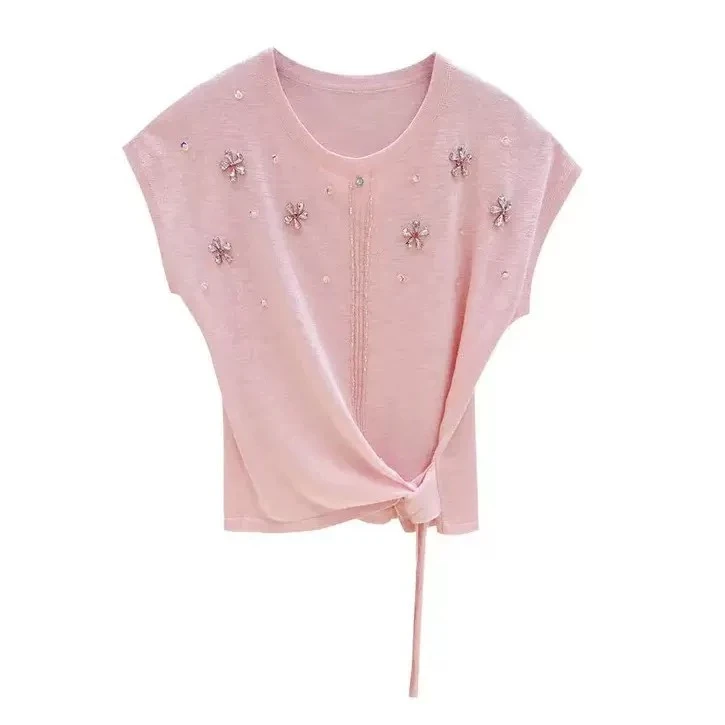 5236多巴胺重工萤星点点短袖冰丝针织衫女夏季绑带收腰显瘦上衣薄