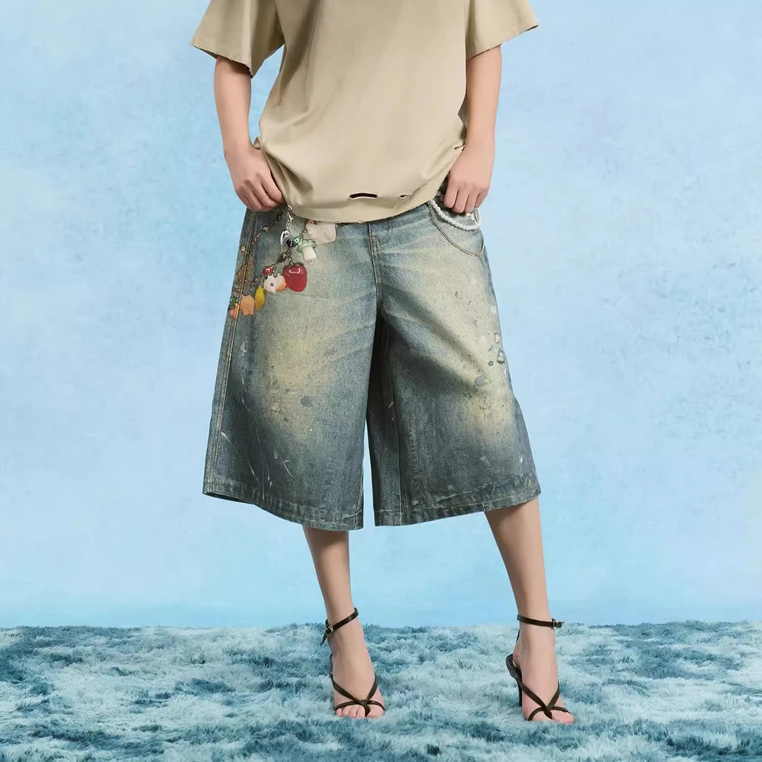 Sofitte · SOFITTE 25SS冰川泼墨3D印花百搭宽松牛仔七分裤