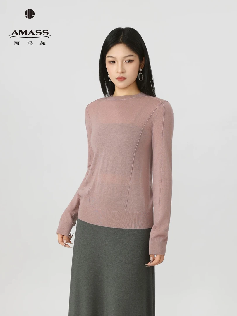 AMASS/阿玛施利落百搭圆领微收腰显瘦长袖针织538076上衣针织衫
