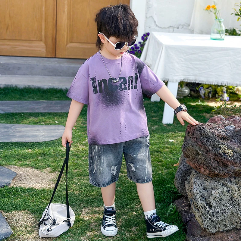 男童短袖套装夏季儿童T恤牛仔裤两件套2025新款韩版男孩帅气夏装