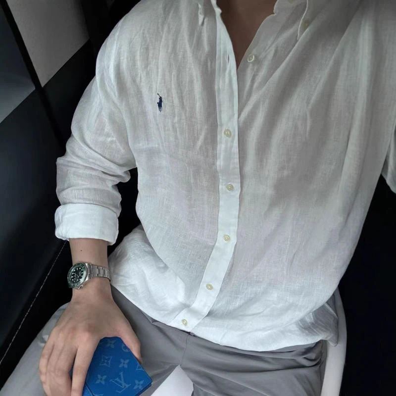 SJ老钱风亚麻透气长袖衬衫慵懒贵气小马刺绣防晒高级垂感衬衣上衣