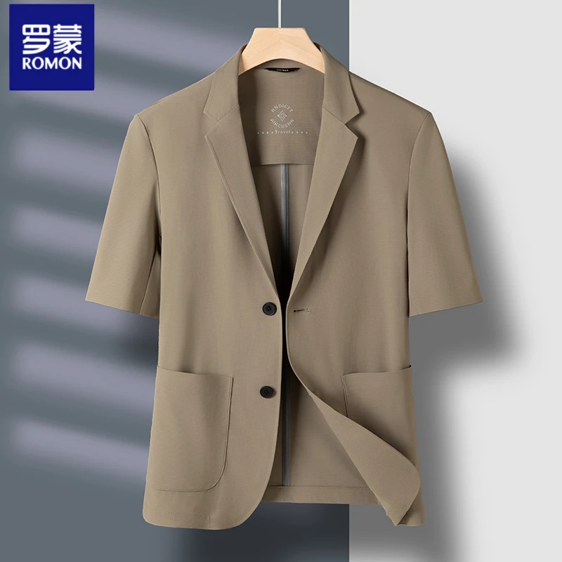 罗蒙夏季男士新款薄款防晒衣短袖西服休闲抗皱薄款外套纯色西装