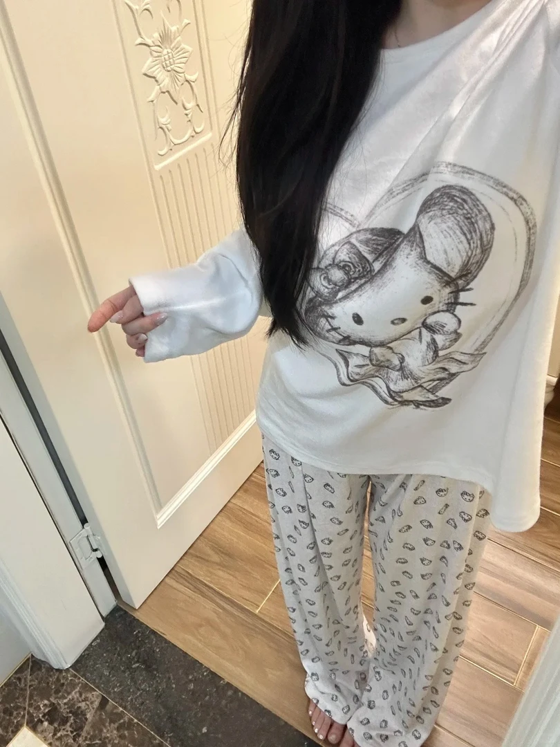 韩系甜美慵懒风kitty带胸垫睡衣女秋季新款大码长袖套装家居服