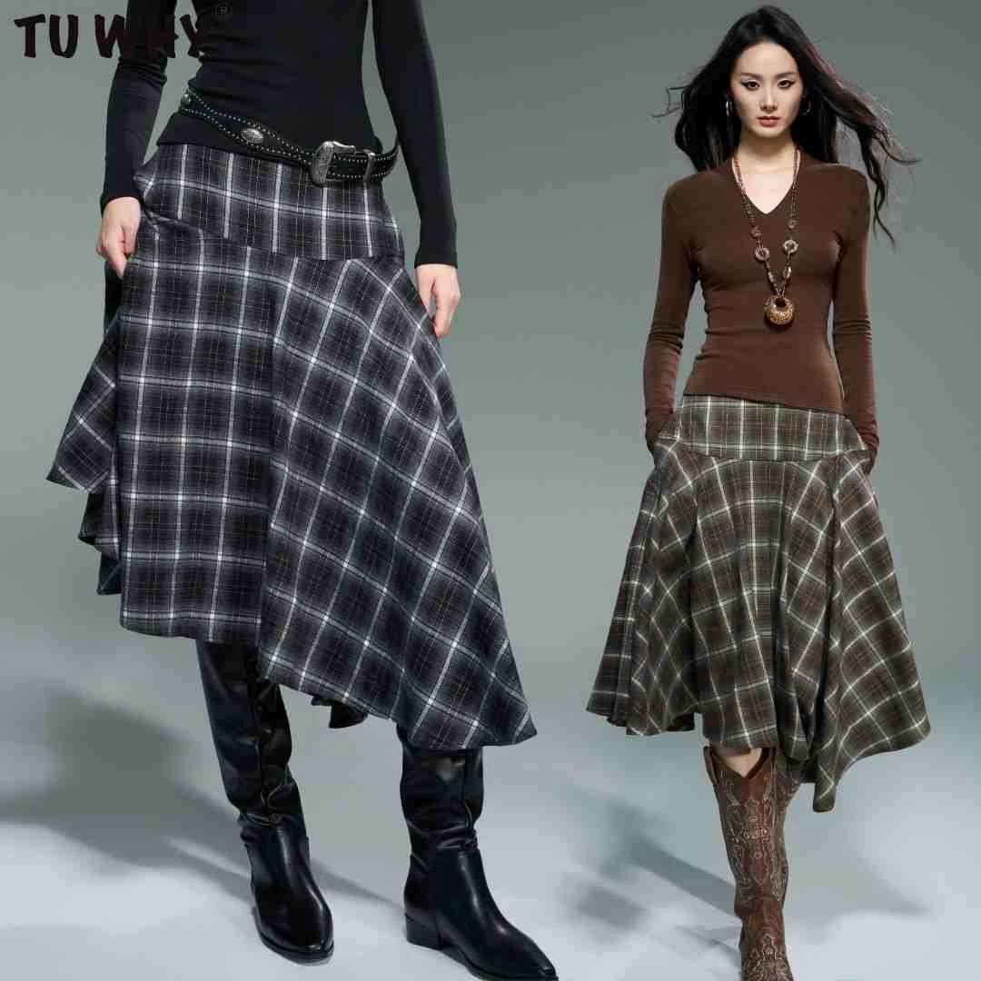 Tuwhy“旧筏格痕”冬季加厚格纹不规则冬季保暖半身裙