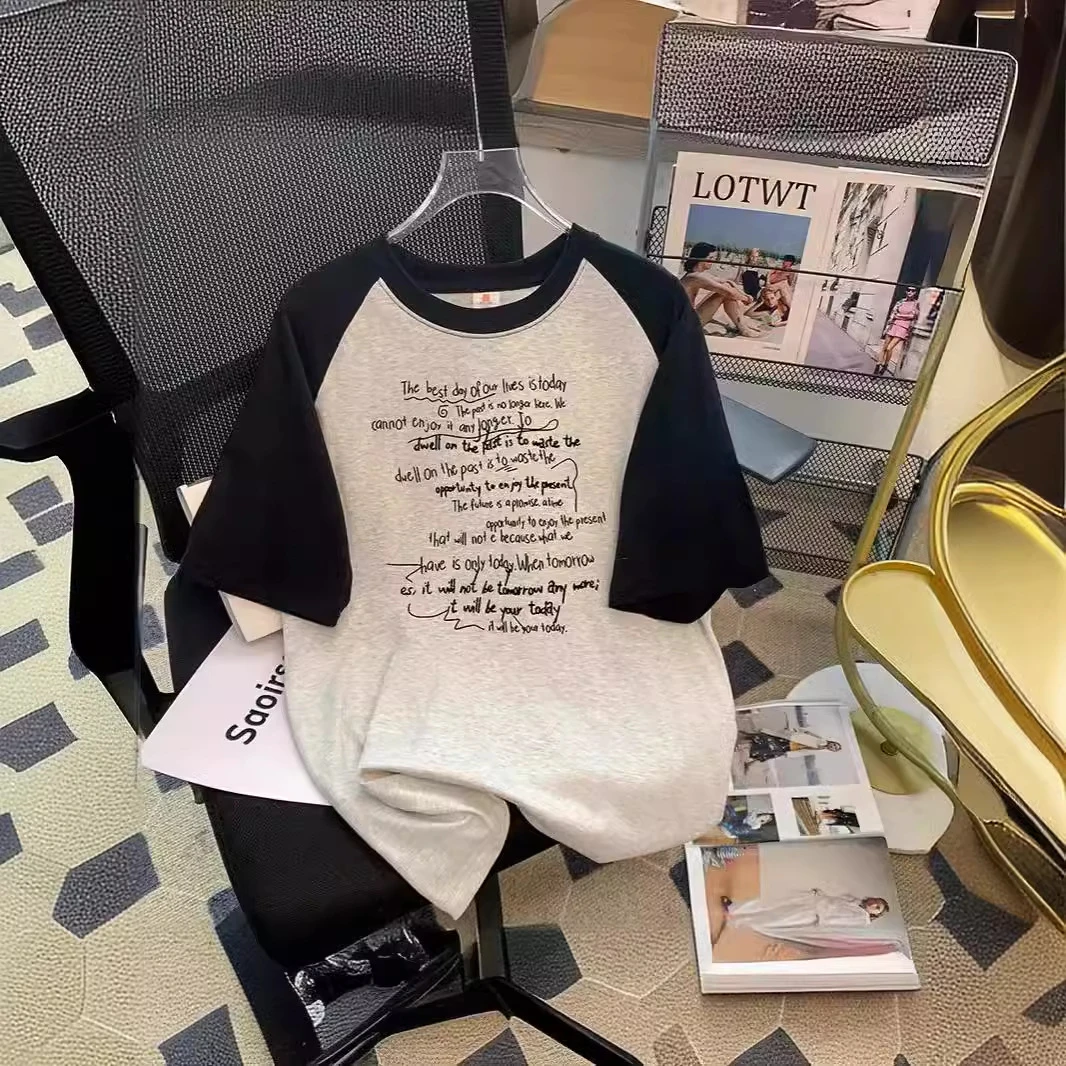 Y家美式潮牌字母印花纯棉拼接短袖t恤女夏季宽松设计感情侣插肩上