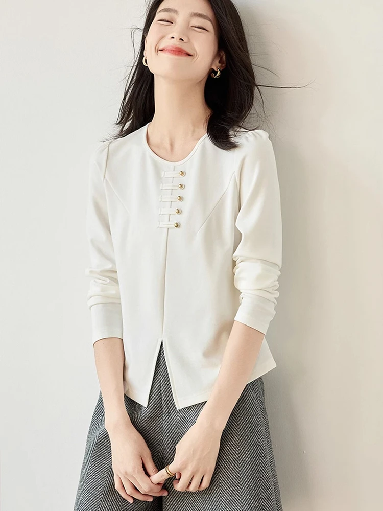 哥家商场同款2025秋季新款新中式盘扣国风显瘦设计感长袖T恤女