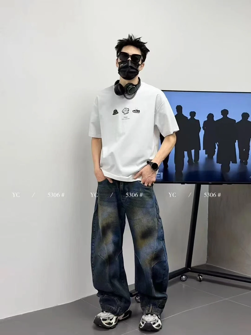 新款男士圆领重磅印花刺绣港式ins风T恤情侣装夏季高街宽松夏季
