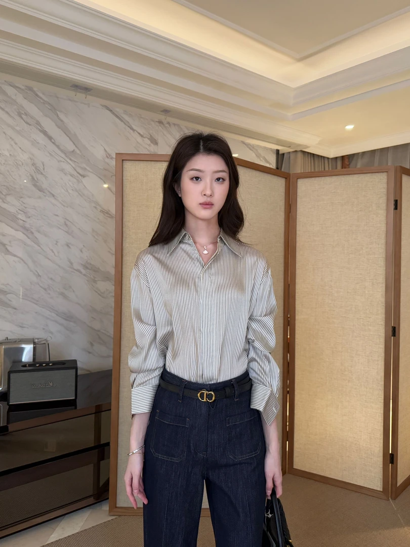 法式小香Polo领条纹印花宽松休闲衬衫春气质简约显瘦百搭长袖衬衣