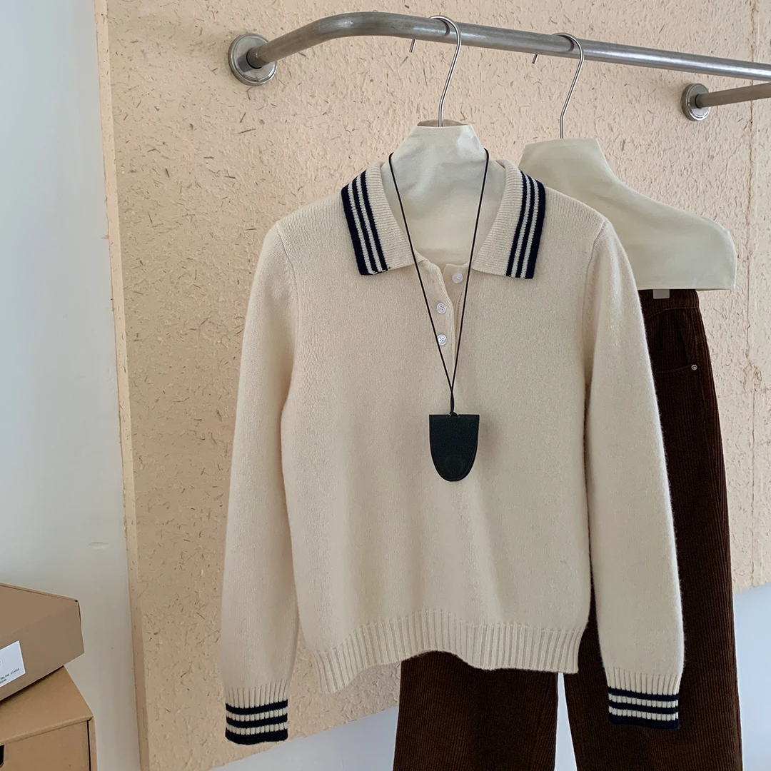 短款秋季学院风套头单件长袖POLO领领口撞色时尚百搭上衣拼色翻领