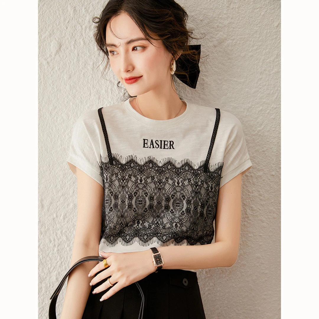 【商场同款新品】白鹿语假两件拼接蕾丝夏款短袖女装T恤HU20293