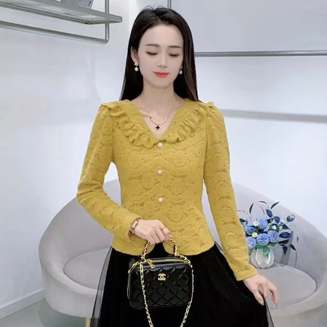 时尚长袖女2025秋季新款高级感修身内搭磨毛蕾丝小衫百搭洋气上衣