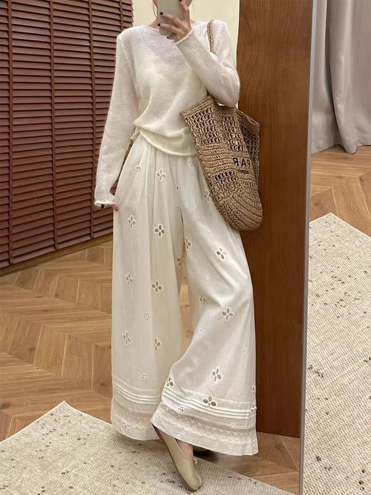 杏色蕾丝拼接镂空阔腿裤女夏季2025新款休闲设计感九分直筒休闲裤