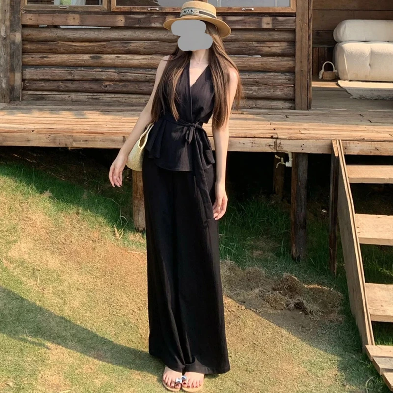 2025夏季新款气质v领绑带无袖衬衫上衣高腰宽松阔腿长裤两件套女