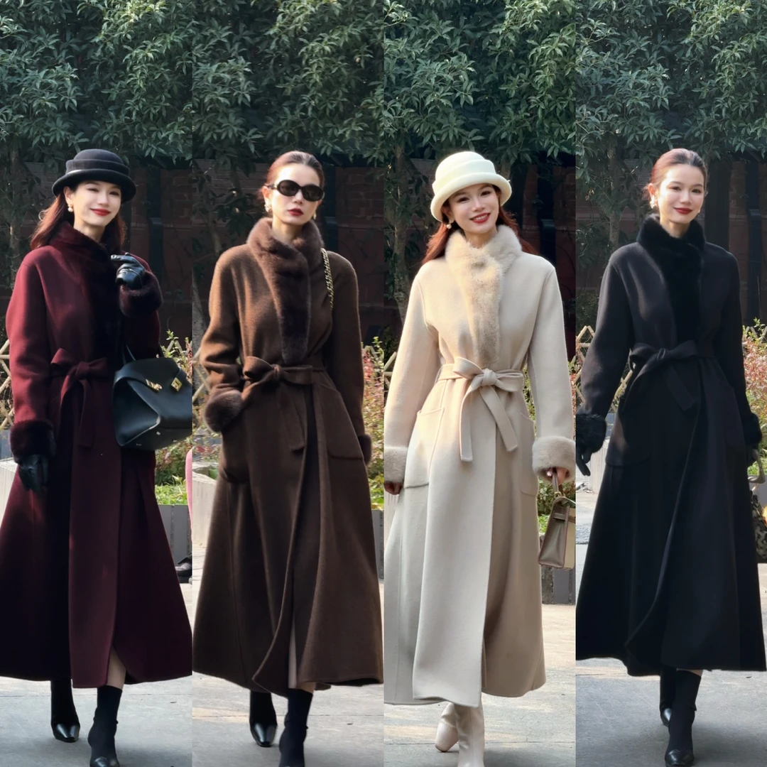 高级感双面羊毛大衣女秋冬赫本风系带高贵气质水貂毛领毛呢外套