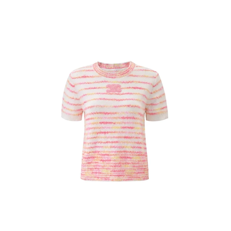 【王百万推荐】粉色圆领撞色流苏短袖薄款针织衫 -6048