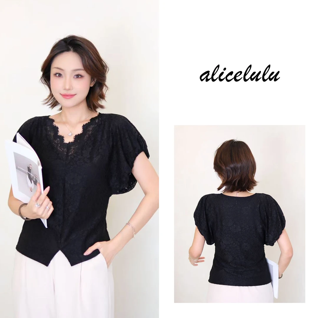 [alicelulu]新款气质法式蕾丝拼接镂空上衣衬衫修身S2143585L
