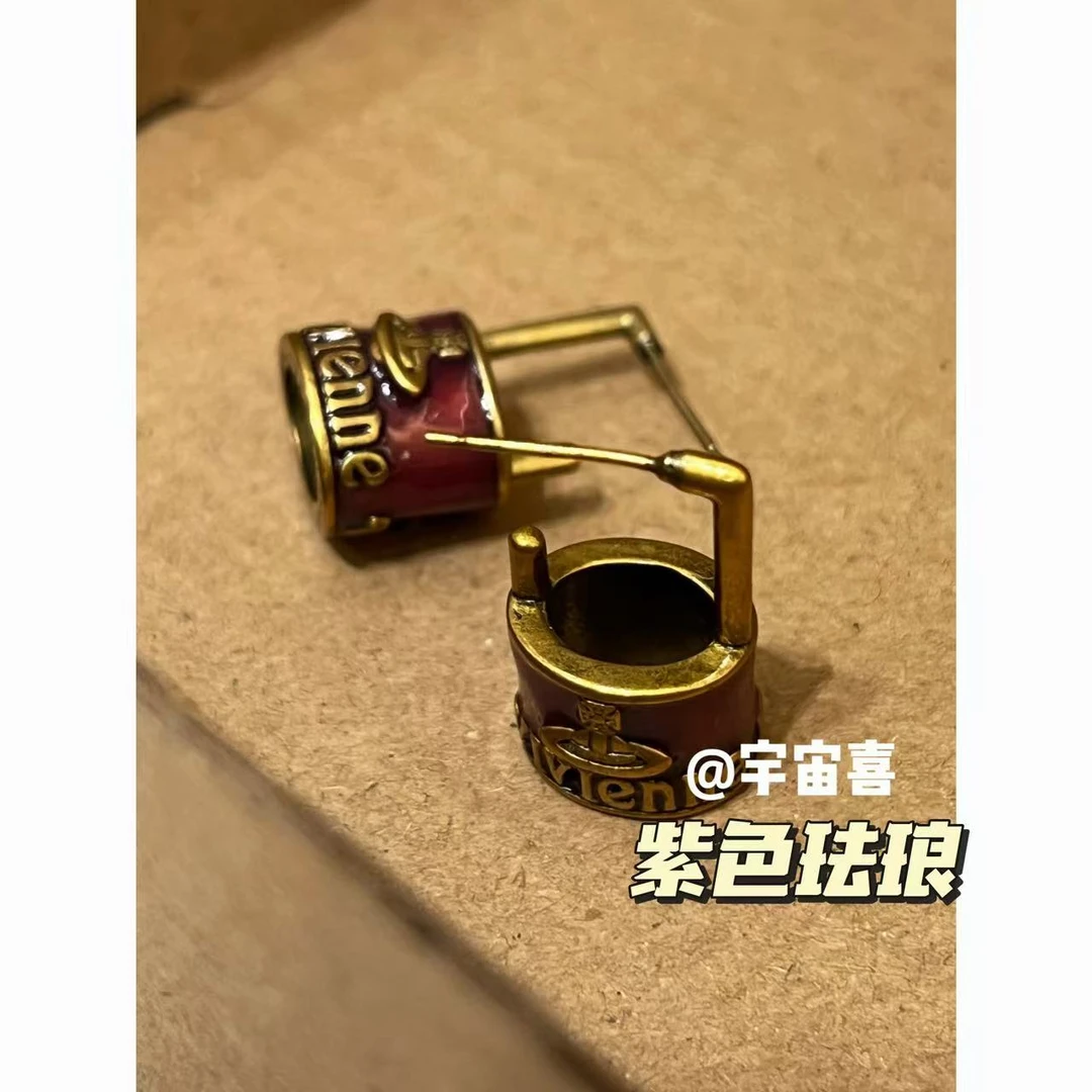 铜合金珐琅耳饰  B4-087【葡萄紫珐琅水桶小包黑金星球耳钉】