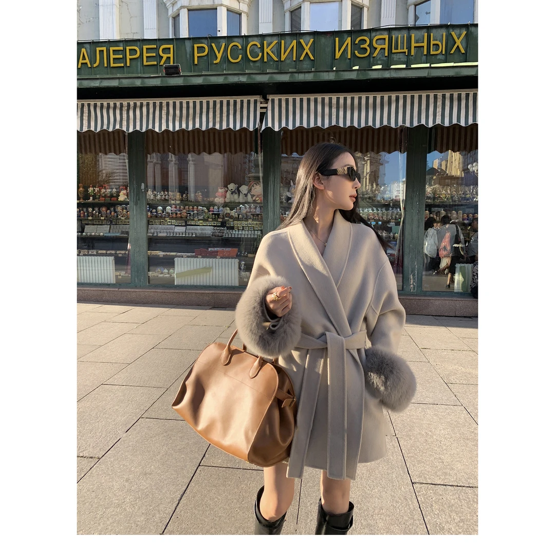 筱筱100%纯羊毛可拆卸狐狸毛双面呢大衣女秋冬中长款外套W2267