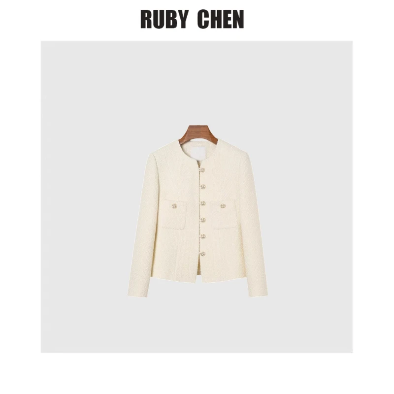 ruby~春日新品优雅浮雕纹理粗花呢小香风短外套