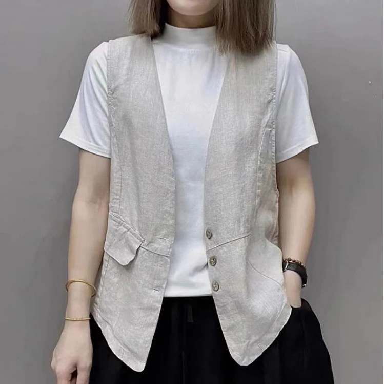 复古日系亚麻西装马甲外套女夏宽松休闲叠穿V领坎肩棉麻背心上衣