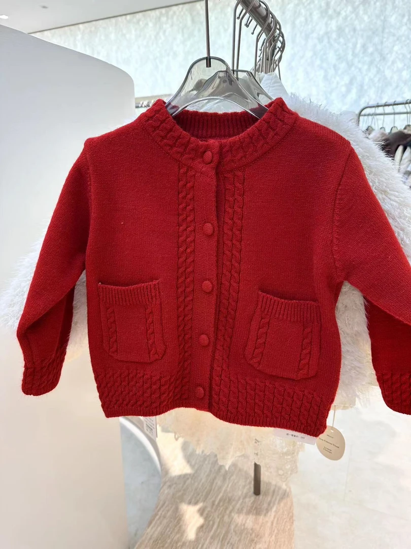 【恩姐定制】冬季童装加厚女童百搭气质儿童开衫圆领毛衣EN25721