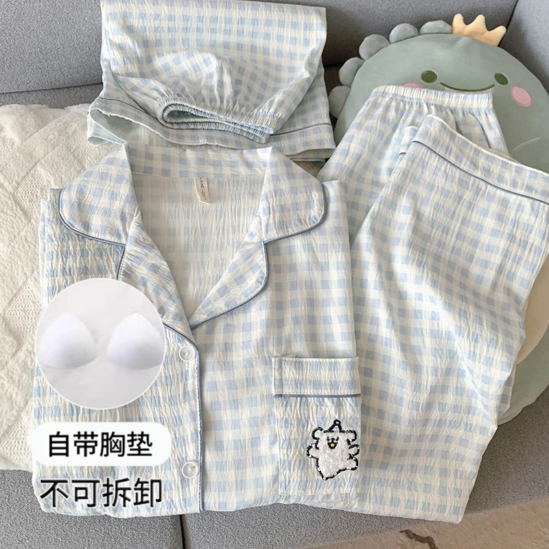 2025新款夏季睡衣女自带胸垫短袖短裤三件套装日系格子小狗家居服