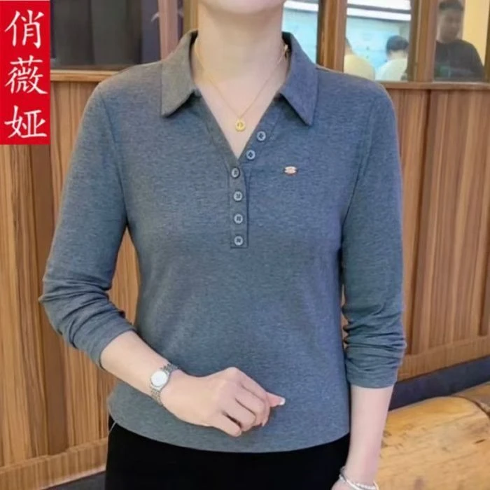 春秋季时尚洋气质简约纯色设计感长袖t恤印花显瘦内穿外搭POLO衫
