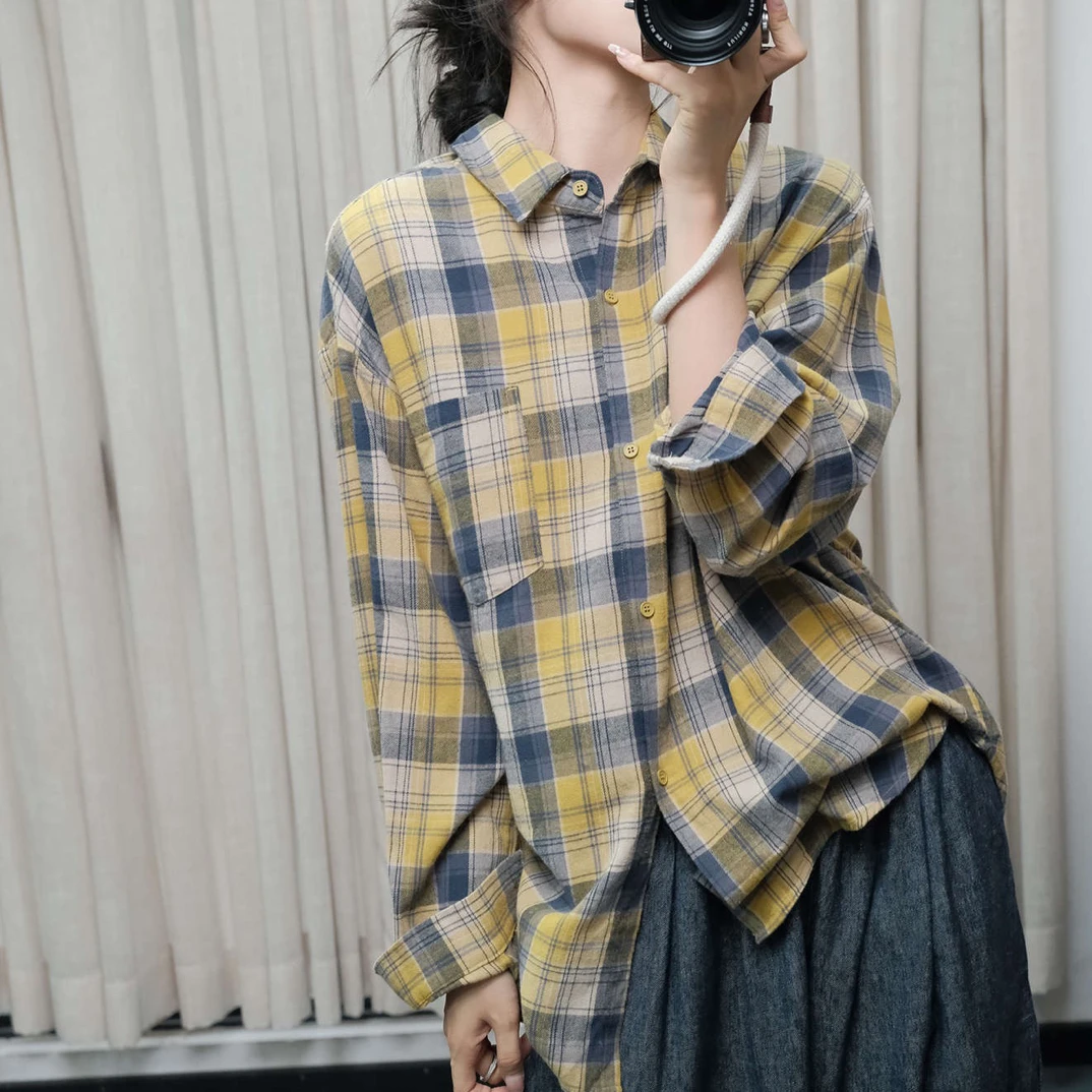 素凡卡早秋新款韩版日系POLO领宽松舒适百搭格子长袖衬衫57677