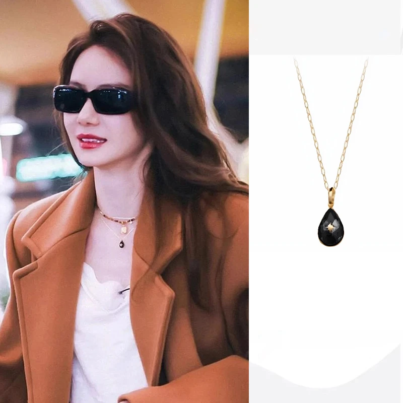 铜合金吊坠 妻子的浪漫旅行戚薇同款女款小水滴吊坠黑色锆石项链