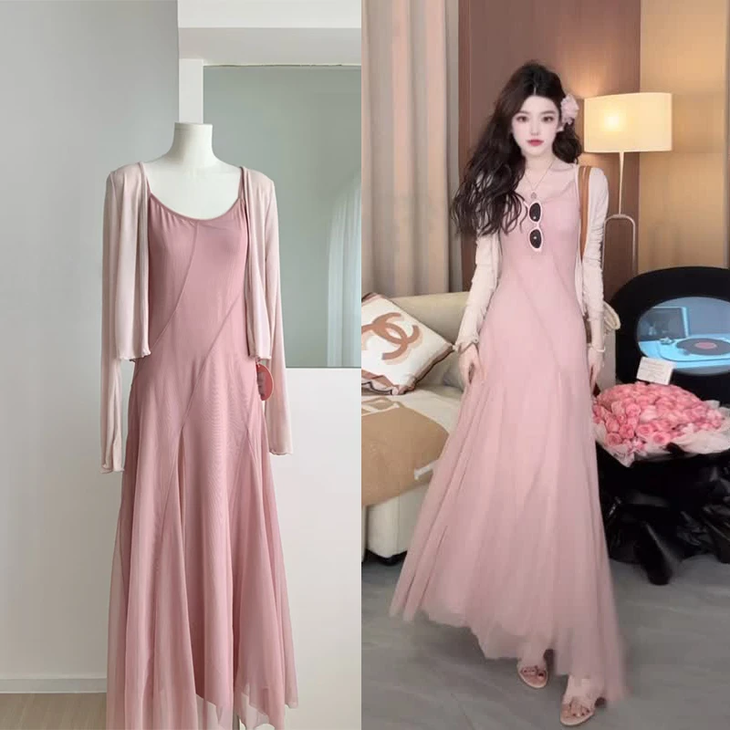 2025新款春夏法式气质艺术生浪漫开衫吊带粉色长裙显瘦套装女